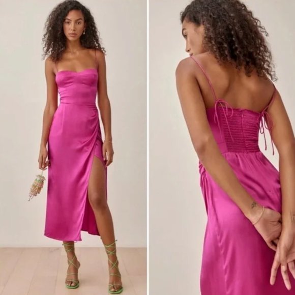 Reformation Marguerite Spaghetti Strap Midi Silk Dress Flambe Pink Women's 8 NWT - Picture 1 of 14